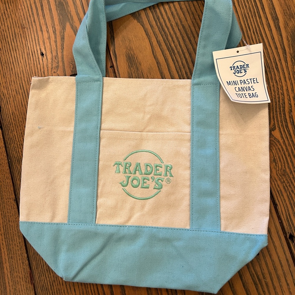 NWT Trader Joe's Spring Mini Canvas Tote Bag in Pastel Blue